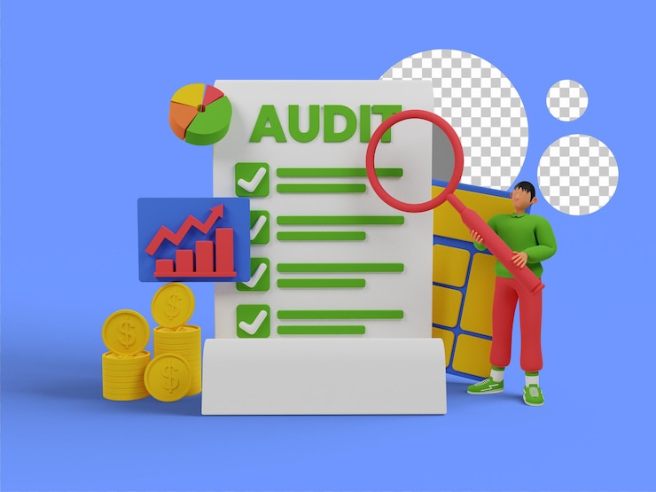 PSD finance audit. audit service assistance. 3d illustration