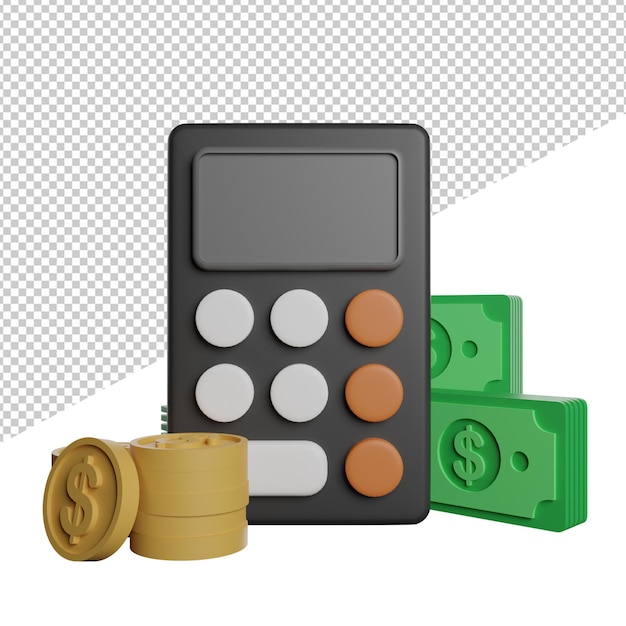 Finance calcuator with cahs money front view 3d illustration rendering transparent background