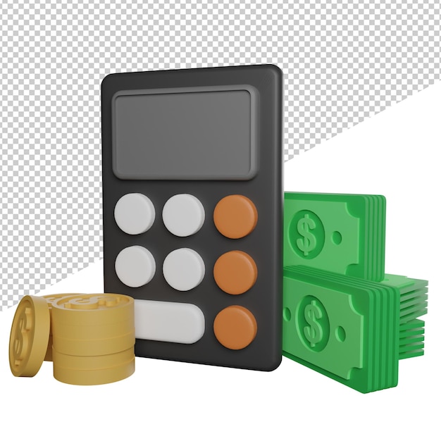 PSD finance calcuator with cahs money side view 3d illustration rendering transparent background