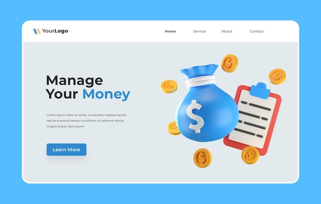 PSD finance landing page with 3d illustration