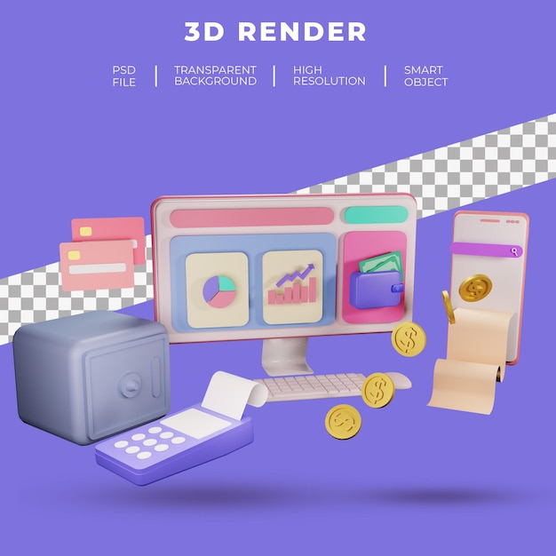 Finance and SEO or payment data for landing page website 3D rendering isolated
