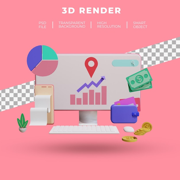 Finanza e seo o pagamento rendering 3d desktop smartphone dati isolato