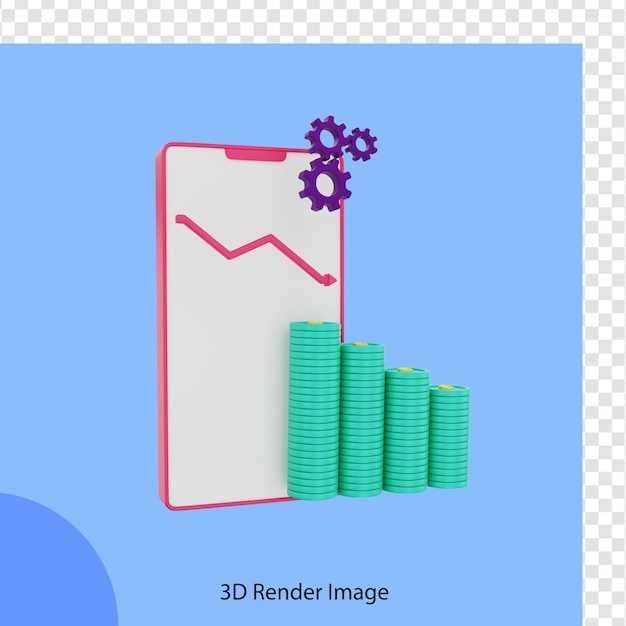 携帯電話の1ドル硬貨に見られる金融3Dレンダリング投資グラフ