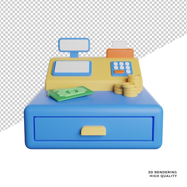 Illustrazione di rendering 3d dell'icona di vista frontale del registratore di cassa finanziario con sfondo trasparente