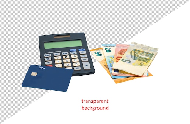 Financial concept with calculator euro banknotes and a blue bank card on a white background