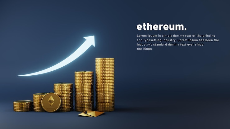 PSD финансовый рост в бизнес-концепции с 3d реалистичными монетами ethereum и блестящей стрелкой вверх