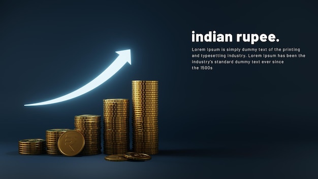 PSD financial growth in business concept with 3d realistic indian rupee coins and shiny arrow up