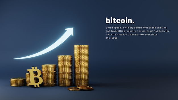 Financial growth in business concept with 3d realistic bitcoin coins and shiny arrow up