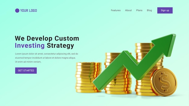 PSD financial investing landing page website with 3d stack dollar coin and line chart concept