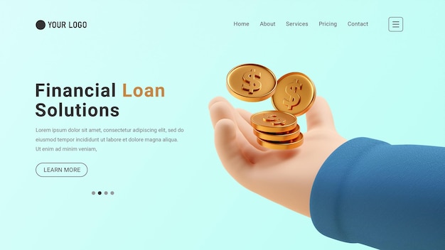 PSD Веб-сайт целевой страницы финансовых кредитных решений с концепцией 3d руки и долларовой монеты