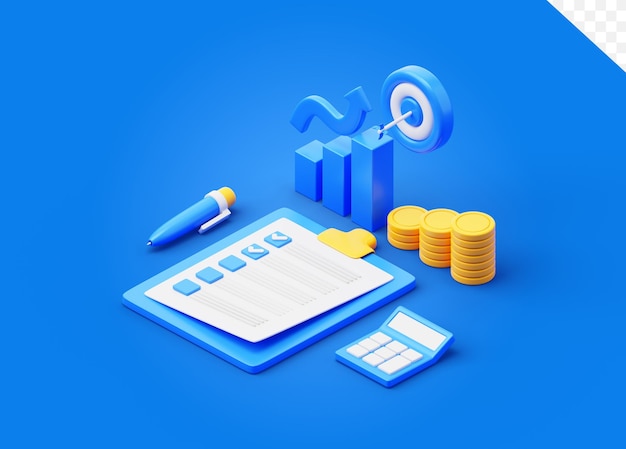 PSD la lista di controllo fiscale della gestione finanziaria calcola l'illustrazione 3d dei soldi del grafico