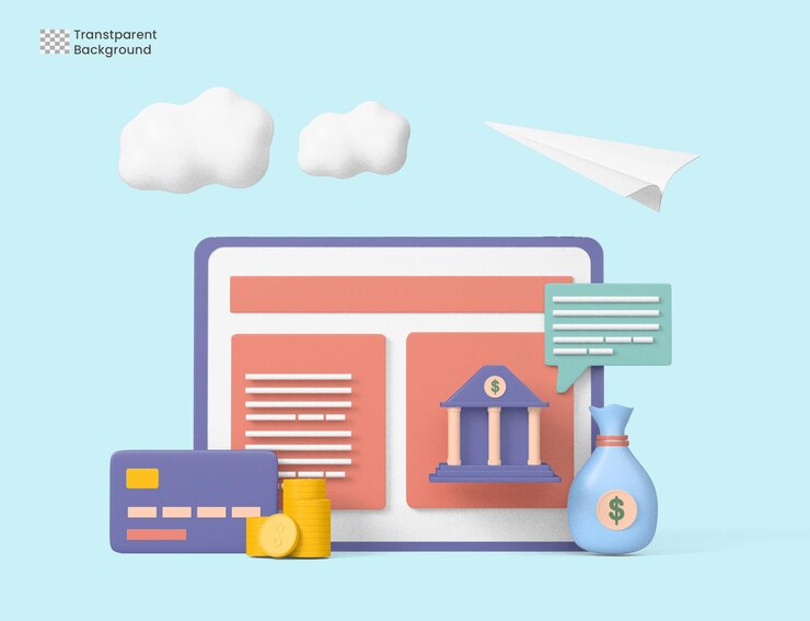 PSD financial transactions, payments, online banking, money transfers and bank account. 3d rendering