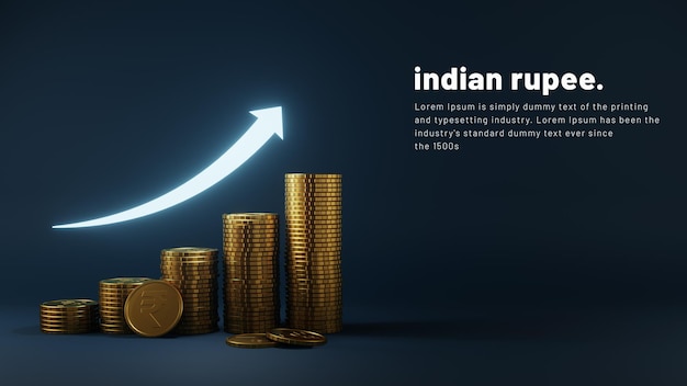Financiële groei in bedrijfsconcept met 3D-realistische Indiase roepie-munten en glanzende pijl omhoog