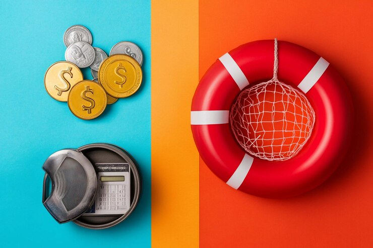 PSD financiële reddingsgeld en spaarconcept een reddingsmiddel met een net en munten op een kleurrijke achtergrond