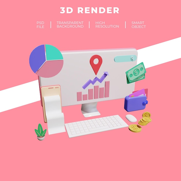 Financiën en SEO of betalingsgegevens smartphone desktop computer rendering geïsoleerd
