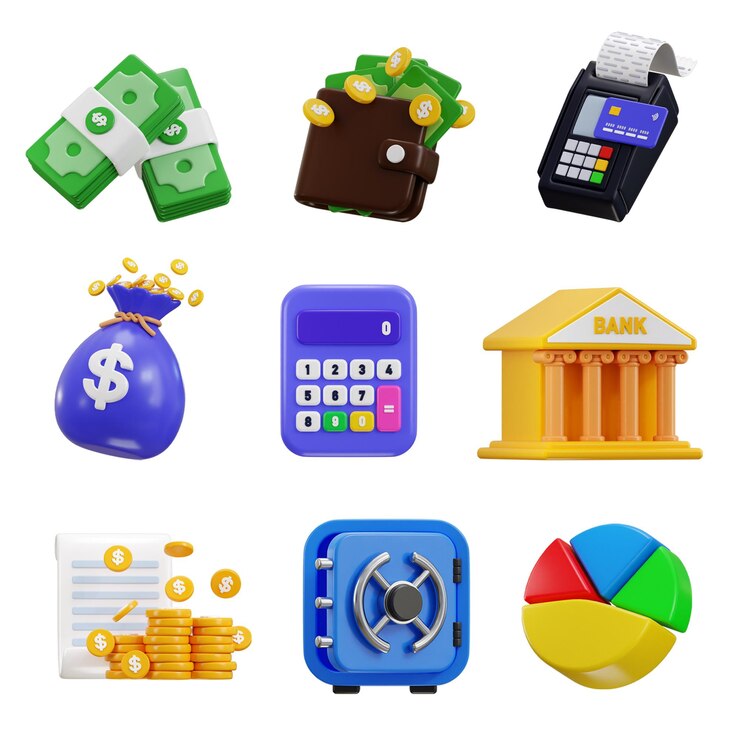 PSD financiën icoon 3d render concept van business en financiële icoon op geld met bank icoon set vector