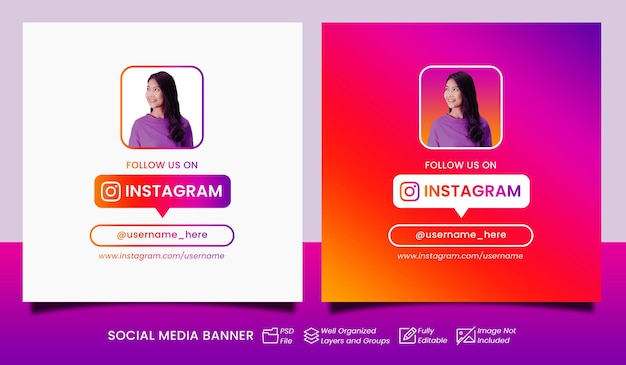 Find us on instagram set design two banners for social media gradient purple and white background