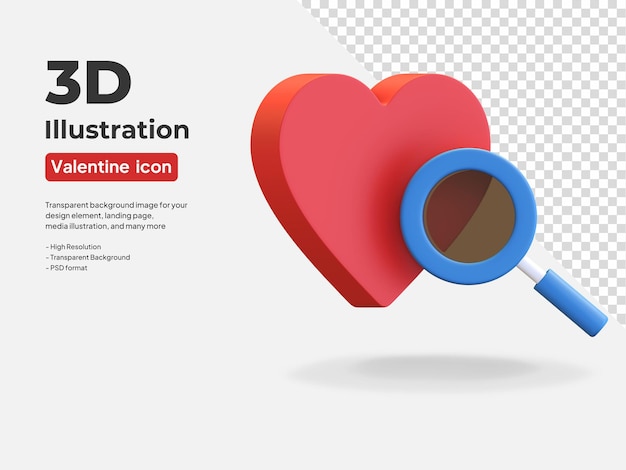心の愛のバレンタインデーのアイコン3dレンダリングイラストで愛のシンボルを見つける