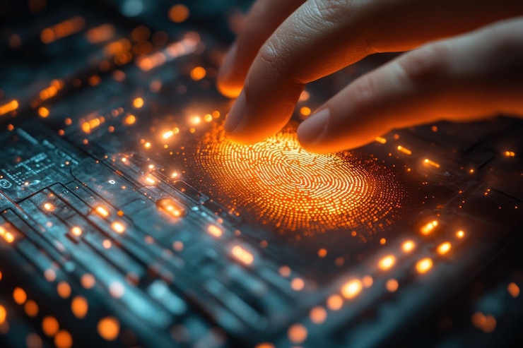PSD a finger scans a futuristic fingerprint sensor on a circuit board glowing with orange light