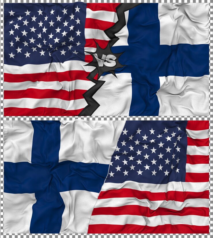 PSD finland vs united states half combined flag cloth bump texture bilateral relation 3d rendering