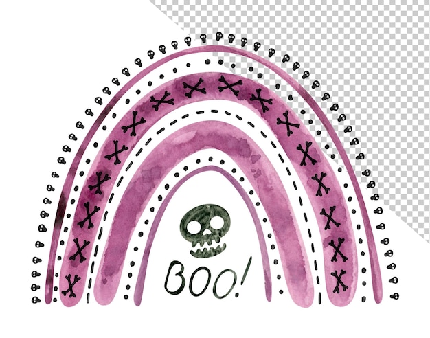 PSD fioletowa tęcza halloween z czarnymi czaszkami i kośćmi śliczna akwarela ilustracja psd
