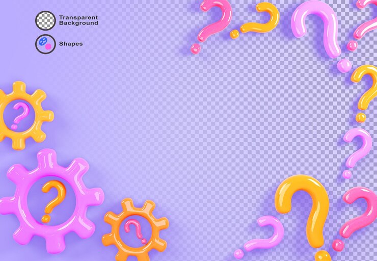 PSD fioletowe tło 3d z kolorowymi przekładniami silnika i znakami zapytania widok górny nauka i edukacja biznes innowacje technologiczne koncepcja rozwiązania rendering ikon kreskówek z przestrzenią kopiowania