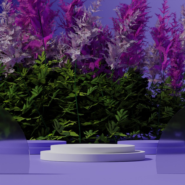 PSD fioletowe tło z białym cokołem i purpurową kwitnącą rośliną.