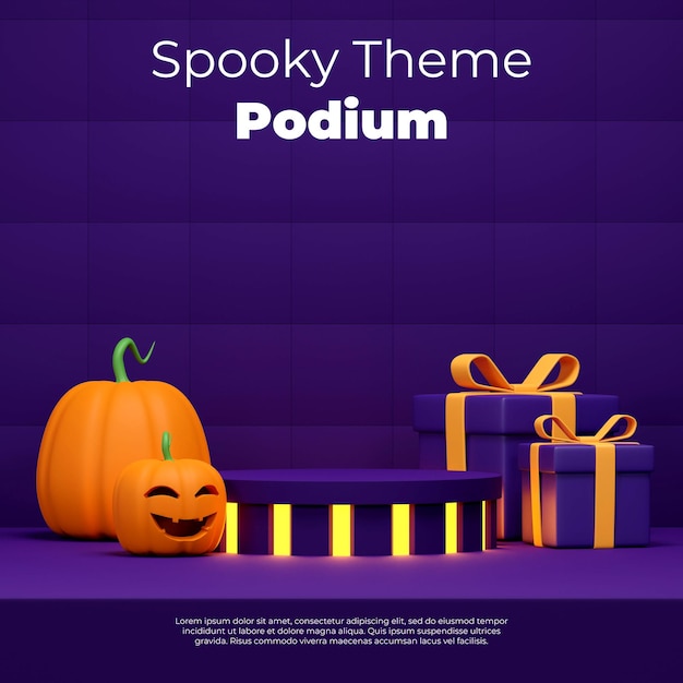 Fioletowy cylinder podium renderowania 3d makieta halloween na placu ze sceną z dyni i pudełka na prezent