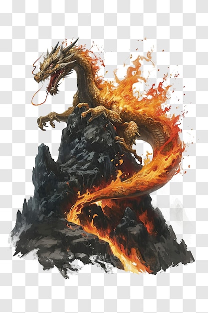 Fire dragon standing on rock isolated on transparent background png