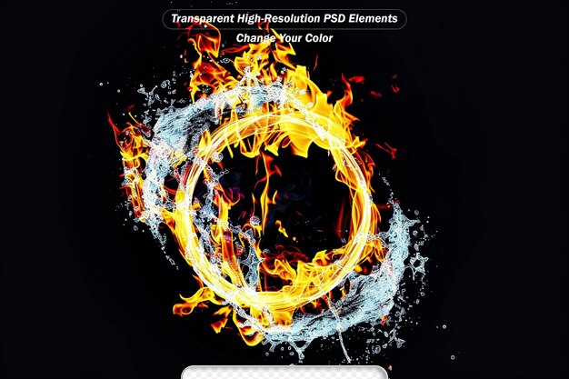 PSD fire flames and water splashes resembling yin yang symbol on black background