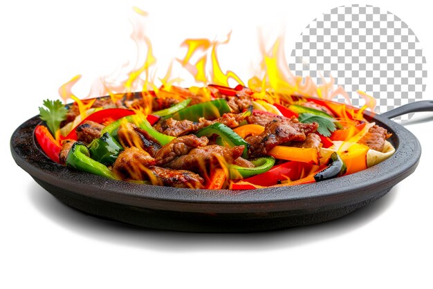 PSD fire kissed fajita platter fajitas sizzling on a hot surface on transparent background 159