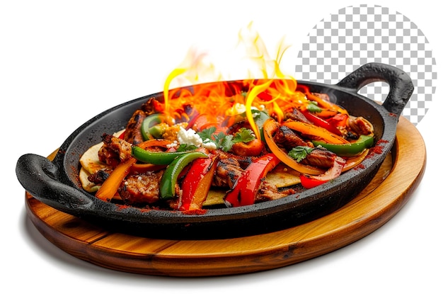 PSD fire kissed fajita platter fajitas sizzling on a hot surface on transparent background