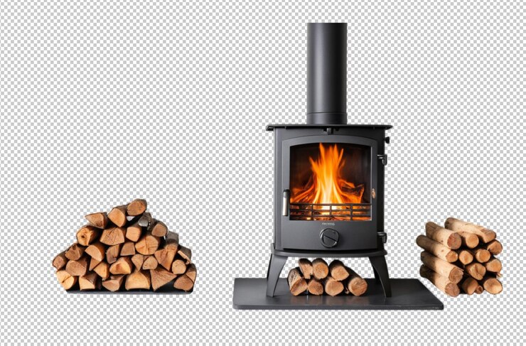 PSD fire in a modern burning stove next to fireplace