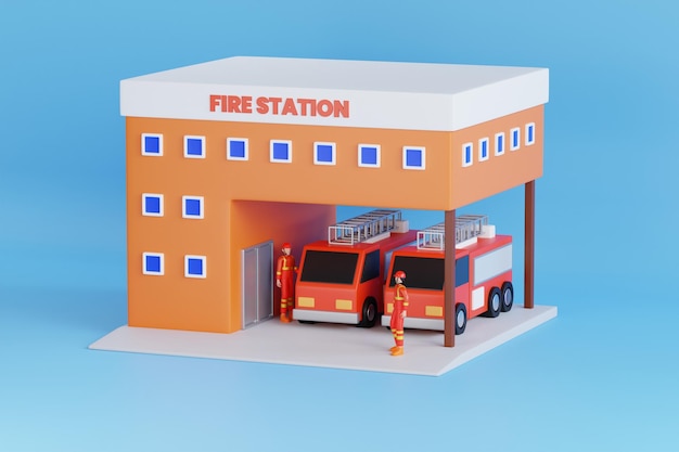 PSD fire station building exterior with fire engine trucks emergency