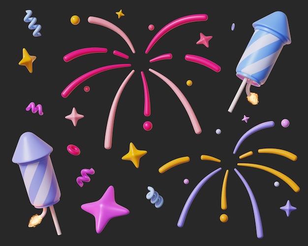 Firecracker rocket and firework decoration 3D graphic
