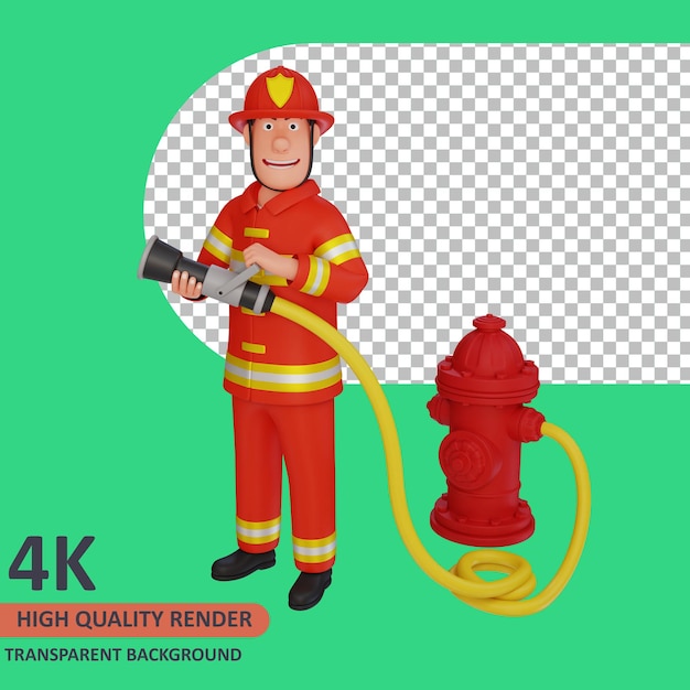 PSD firefighter holding hydrant hose 3d rendering of character modeling