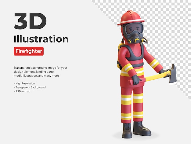 PSD firefighter wearing gas mask in red uniform and yellow helmet holding axe 3d illustration