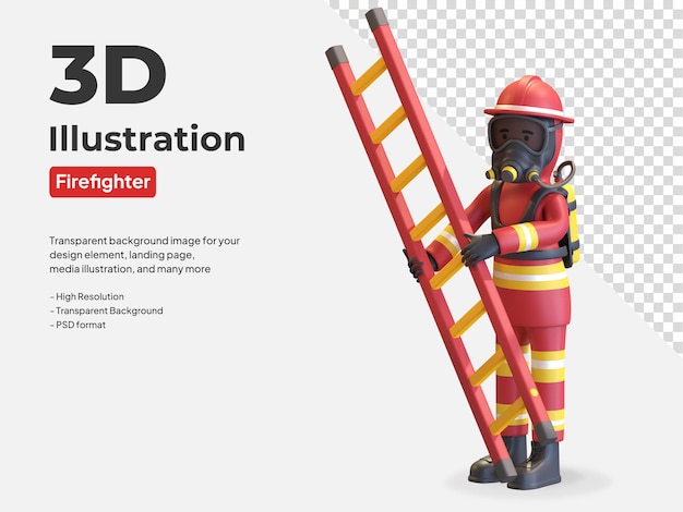 PSD firefighter wearing gas mask in red uniform and yellow helmet holding ladder 3d illustration