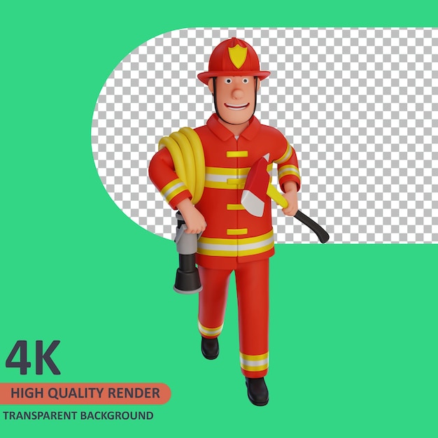 Firefighters carrying hoses and axes 3d rendering of character modeling