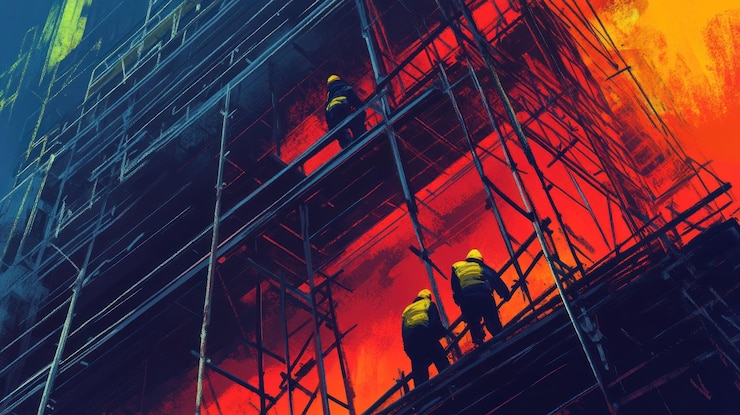 PSD 建物の火事と戦っている架の上にいる消防士