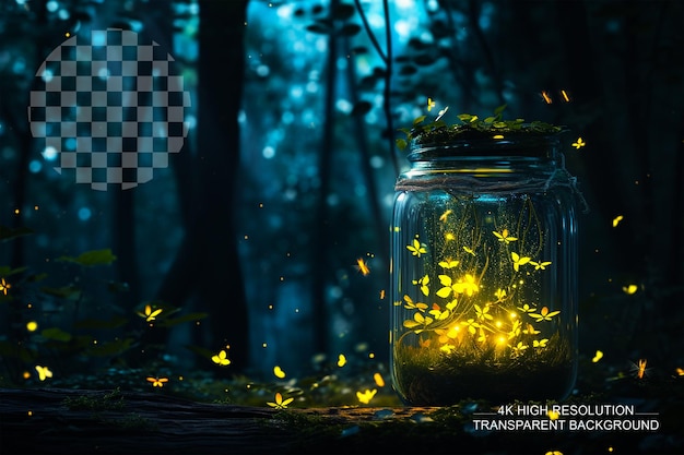 PSD fireflies and forest in a jar transparent background