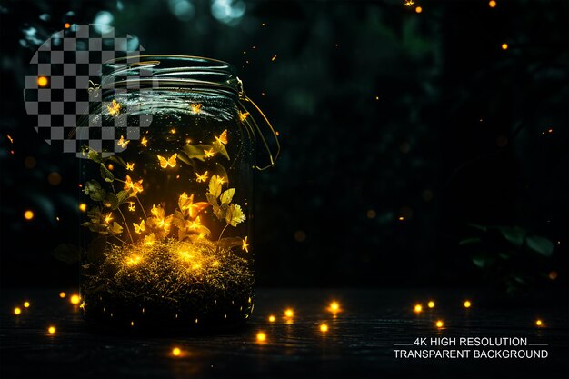 PSD fireflies and forest in a jar transparent background