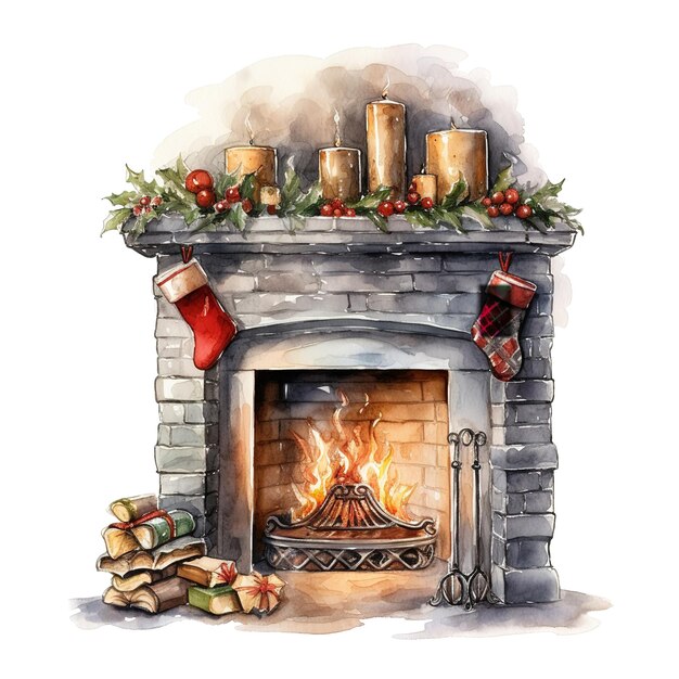 PSD fireplace for christmas event watercolor style ai generated