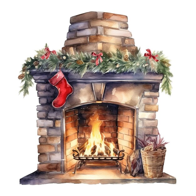 Fireplace for christmas event watercolor style ai generated