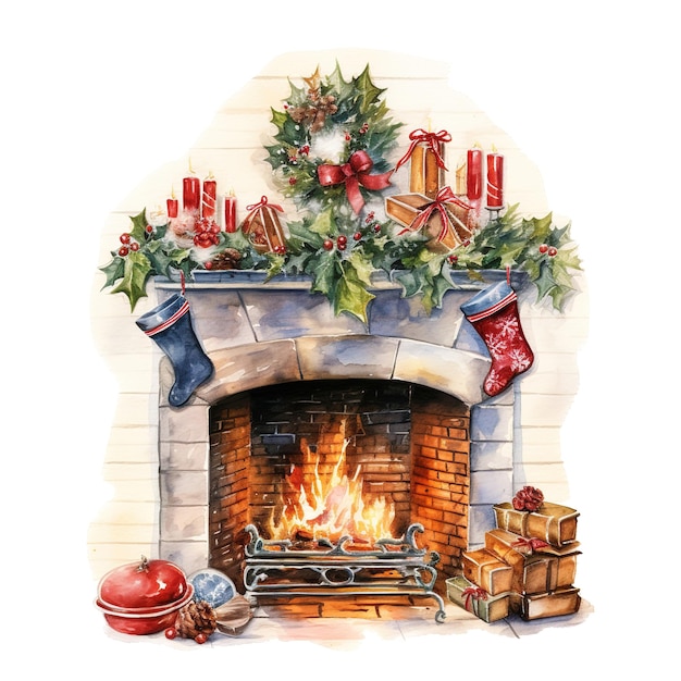 Fireplace for christmas event watercolor style ai generated