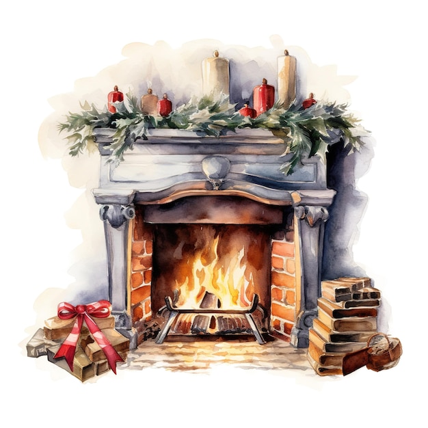 Fireplace for christmas event watercolor style ai generated