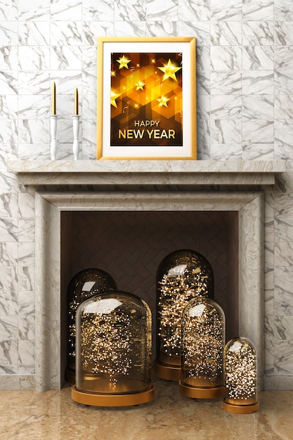 Камин с украшениями и рамка на новый год