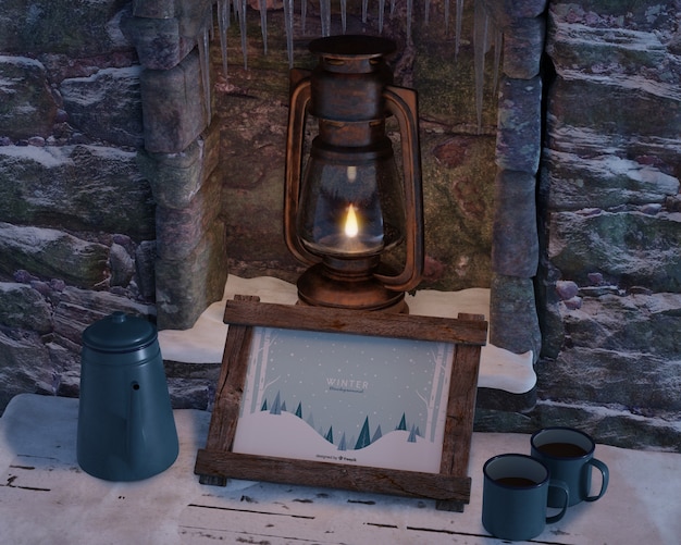 Fireplace with kettle and frame