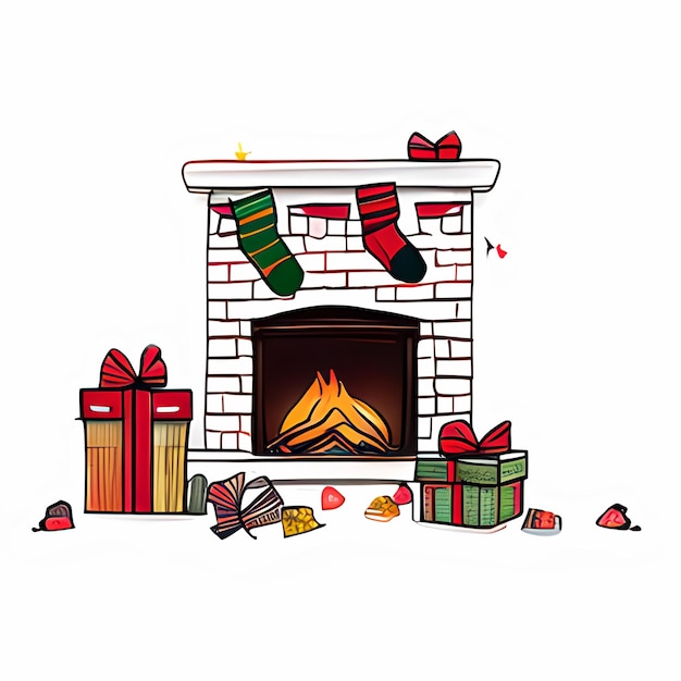 PSD fireplace with presents and stockings illustration