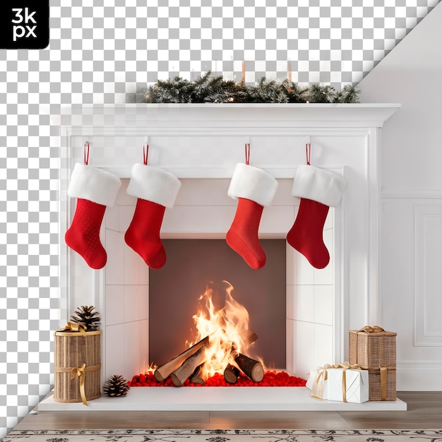 PSD fireplace with stockings isolated on transparent background